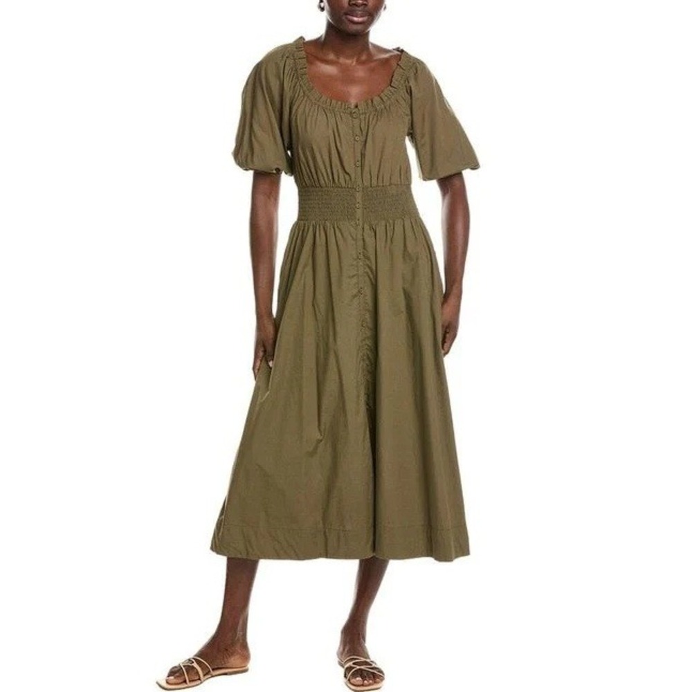 NWT Ramy Brook Laura Smocked Midi Dress Womens Size XS Olive Green MSRP $495